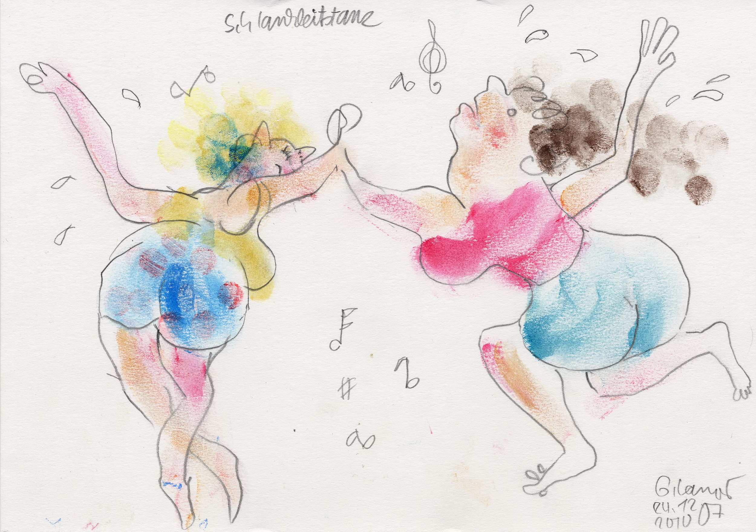 Gunter Langer, Karikatur Frau, Tanz, 2010, Gouache Wasserfarbe Bleistift, Karton, 21 x 30 cm